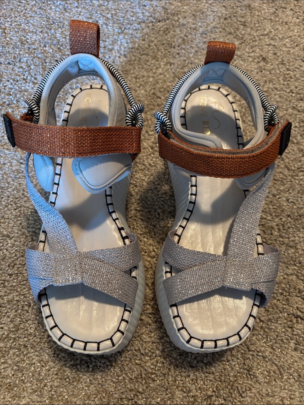 Love Rio Women’s Silver Strappy Comfort Sandals with Brown Ankle Strap